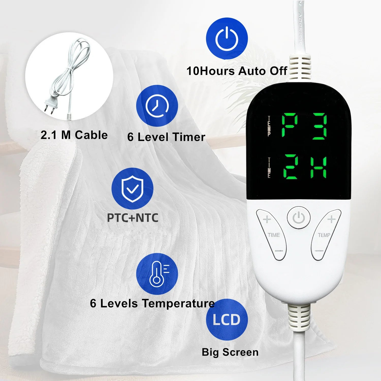 Elektrische omslagdeken - Warmtedeken - 1 persoons - 180x150 cm - Fleece - blauw