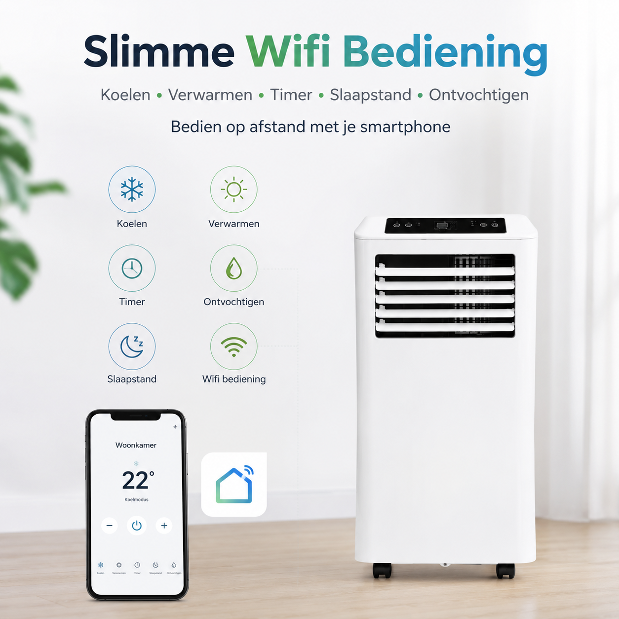 Mobiele airco Wifi ontvochtigen en ventileren met raamafdichting en luchtreiniger 9000btu