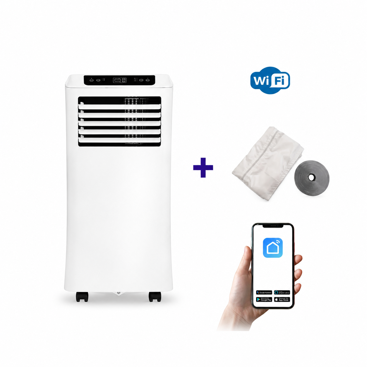 Mobiele airco Wifi ontvochtigen en ventileren met raamafdichting en luchtreiniger 9000btu