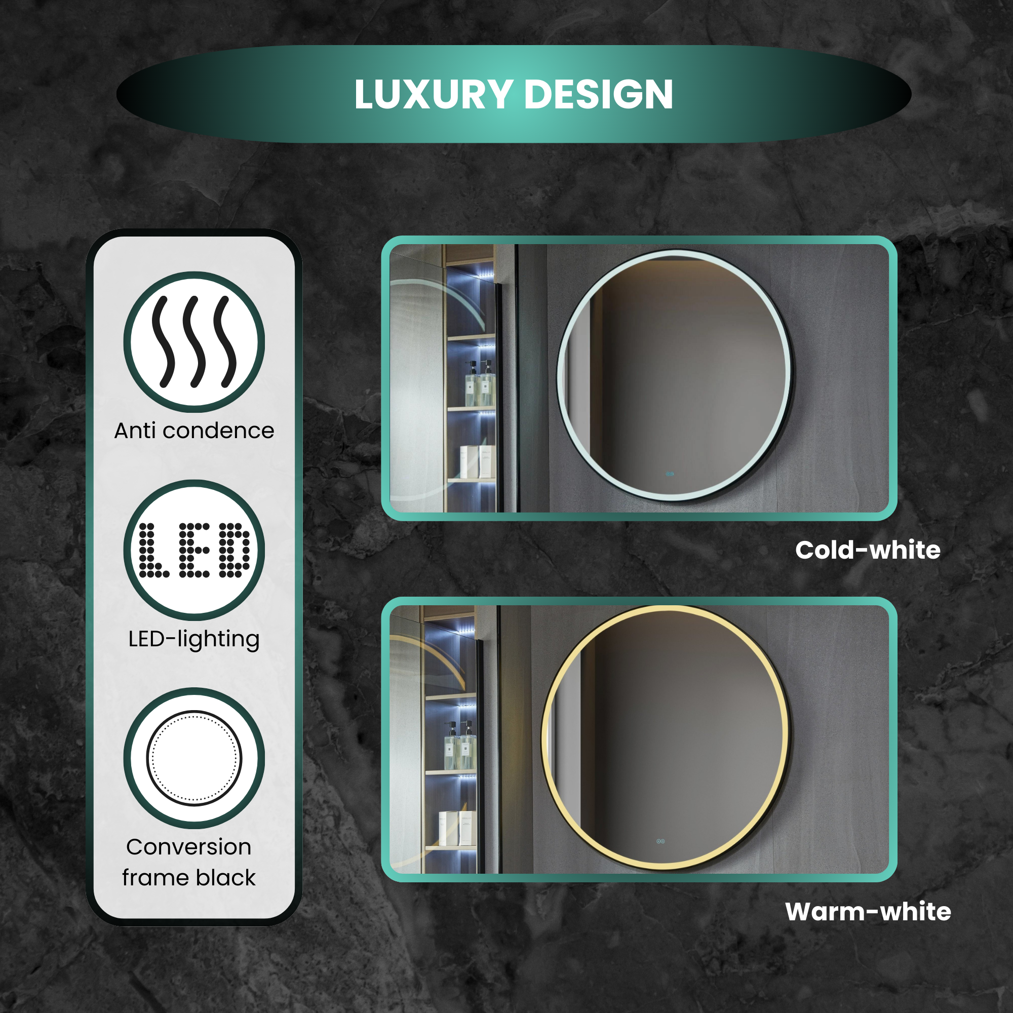 Smart Spiegel 60 cm Rond met Zwart Frame, LED Verlichting, Anti-Condenst en Wifi