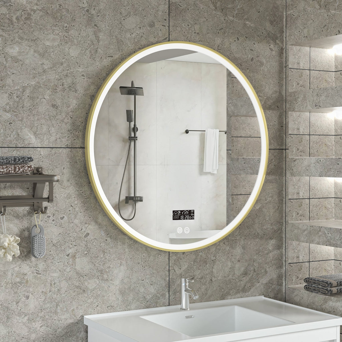 Smart spiegel rond 80cm gouden frame met led verlichting, anti-condens en wifi